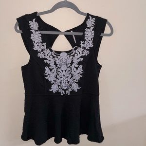 Free People Black top with white embroidery